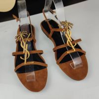 Saint Laurent Cassandra Open Sandals Women Suede with Palm Tree Logo Brown/Gold