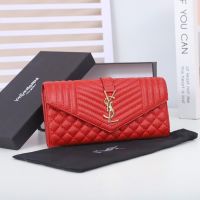 Saint Laurent Large Envelope Flap Wallet In Mixed Grained Matelasse Leather Red/Gold