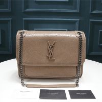 Saint Laurent Medium Niki Chain Bag In Crinkled And Quilted Leather Apricot/Silver