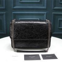 Saint Laurent Medium Niki Chain Bag In Crinkled And Quilted Leather Black/Silver