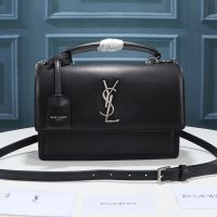Saint Laurent Medium Sunset Satchel In Smooth Leather Black/Silver