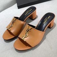 Saint Laurent Monogram Heeled Slides Women Smooth Leather Brown/Gold