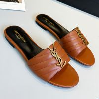 Saint Laurent Monogram Slides Women Matelasse Leather Brown/Gold