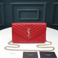 Saint Laurent Large Monogram Chain Wallet In Textured Matelasse Leather Red/Gold